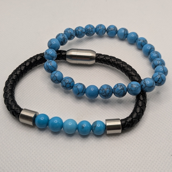 Blue Howlite Beaded Bracelet & Black Leather Stainless Steel Magnetic Clasp Set - Picture 1 of 10